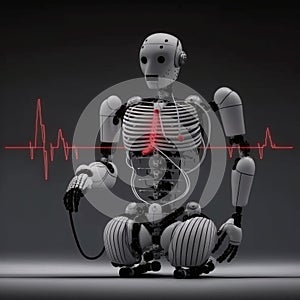 Robot man or very detailed futuristic android isolated on black background, pulse, robot heartbeat. Generative AI .