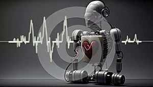 Robot man or very detailed futuristic android isolated on black background, pulse, robot heartbeat. Generative AI .