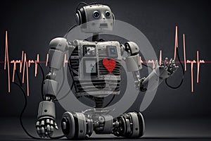 Robot man or very detailed futuristic android isolated on black background, pulse, robot heartbeat. Generative AI .