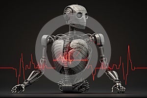 Robot man or very detailed futuristic android isolated on black background, pulse, robot heartbeat. Generative AI .