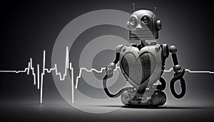 Robot man or very detailed futuristic android isolated on black background, pulse, robot heartbeat. Generative AI