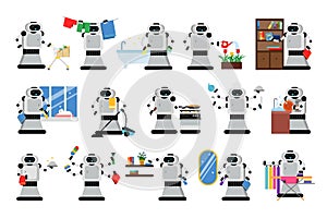 Robot Managing Household and Performing Domestic Chores Vector Illustration Set