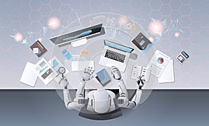 Robot with many hands using digital devices at workplace desk office stuff working process top angle view artificial
