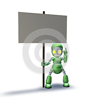 Robot mascot character pointing up to placard sign