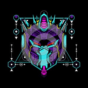 Robot mask with sacred geometry pattern on black background