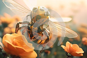 Robot or mechanical bee pollinating flowers and plants, are machines designed to do the work of actual bees, like, as well as