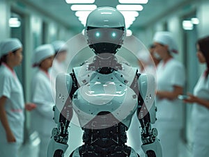 Robot medical doctor stands in hospital hallway with nurses