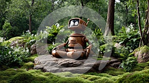 Robot meditating in forest
