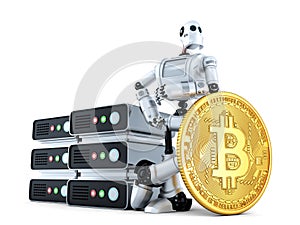 Robot with mining farm and gold bitcoin coin. 3D illustration. I