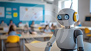 Robot in a modern classroom setting with students in the background. Generative AI.