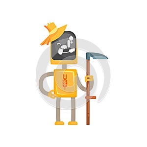 Robot mower character cartoon, android farmer standing with scythe in its hands vector illustration