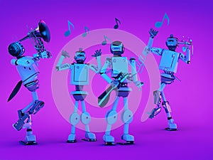 Robot music band playing virtual music in purple and blue colors