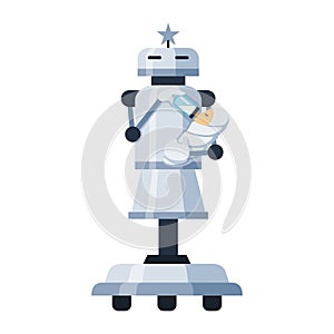 Robot nanny keeping infant and feeding with milk bottle icon. Humanoid baby tender, nurse.