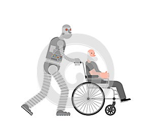 Robot nurse for pensioners. Cyborg helper helps a disabled person on a wheelchair