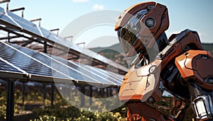 Robot observing a solar panel exploring sustainable energy sources in a futuristic setting, robot working with human in factories