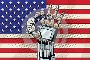 Robot OK gesture, the US flag. Broken bandaged finger
