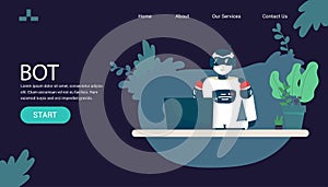 Robot online assistance and machine learning. Flat vector illustration of futuristic robot working with laptop for