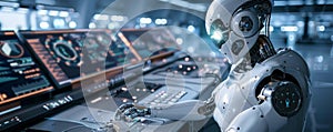 Robot operating control panel in futuristic setting