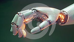 Robot ot humanoid hand on dark green background with warm light. Prothesis medicine. Artificial intelligence AI era