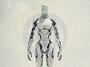 A robot in Outerwear, gesturing with Arm, Neck, Jaw, Sleeve. White background