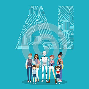 Robot and people character on artificial intelligence concept