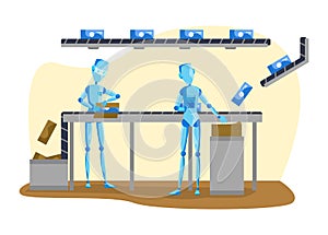 Robot and people vector illustration, cartoon flat machine working on conveyor belt, packing products from transporter