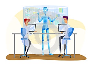 Robot and people vector illustration, cartoon flat machine working together with scientist characters to analyze data