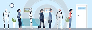 Robot and people waiting job interview in office. Robots vs human workers, digital technology progress. Competition with