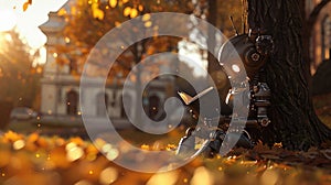 Robot Philosopher Reading Under a Tree in Autumn. Generative ai