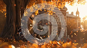 Robot Philosopher Reading Under a Tree in Autumn. Generative ai