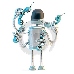 Robot with phone tubes. Telecommunication concept. 3D illustration. Isolated