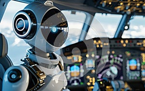Robot pilot assistant on a plane, copy space. AI centered world concept. Automation, robotics, machine learning, artificial