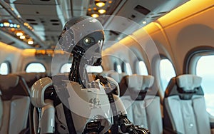 Robot pilot assistant on a plane, copy space. AI centered world concept. Automation, robotics, machine learning, artificial