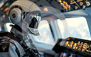 Robot pilot assistant on a plane, copy space. AI centered world concept. Automation, robotics, machine learning, artificial