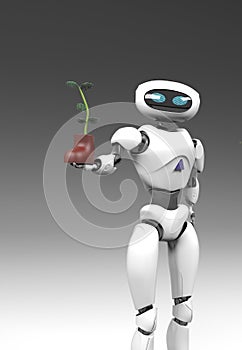 Robot with plant in shoe,isolated on grey bacground, 3d render