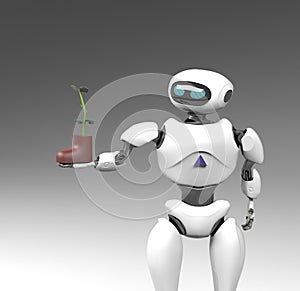 Robot with plant in shoe,isolated on grey bacground, 3d render