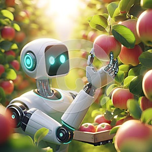 Robot is planting apple in farm. Agriculture and technology concept, automatic planting, farmer android