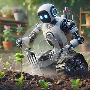 Robot is planting apple in farm. Agriculture and technology concept, automatic planting, farmer android