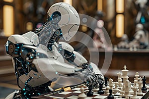 the robot playing chess on blurred background. Artificial intelect in future life
