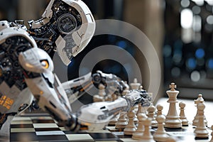 the robot playing chess on blurred background. Artificial intelect in future life