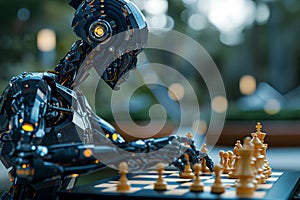 the robot playing chess on blurred background. Artificial intelect in future life.
