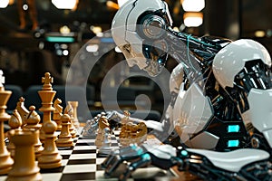 the robot playing chess on blurred background. Artificial intelect in future life