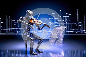 Robot plays violin. Futuristic entertainment on stage