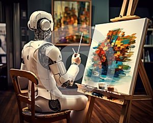 The robot pnts picture at home was created as an artist. photo