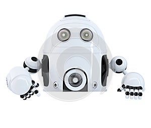 Robot pointing at blank banner. Isolated. Contains clipping path photo