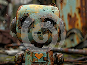 A robot in a post apocalyptic setting with an antique heart among rusting artifacts