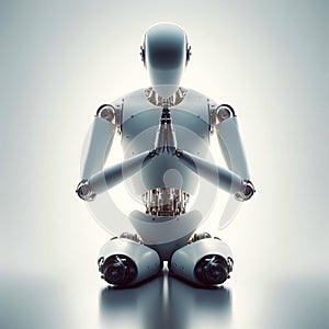 Robot praying to God on a white background with copy space for text. A serene expression of faith.
