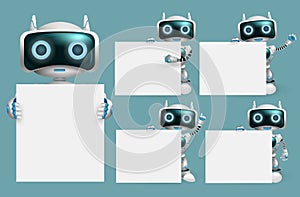 Robot presentation characters vector set. Robots character presenting and holding white board element with modern robotic post.