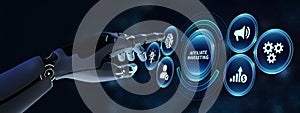 Robot pressing button AFFILIATE MARKETING on virtual screen. 3d render