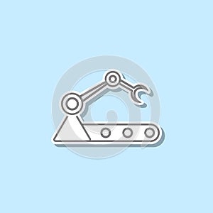 Robot in production sticker icon. Simple thin line, outline vector of web icons for ui and ux, website or mobile application